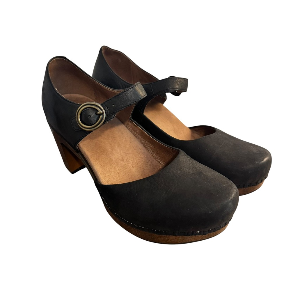 Dansko Thea Black Leather Mary Jane Clog Heels Wood Platform EU 41 US 10.5-11